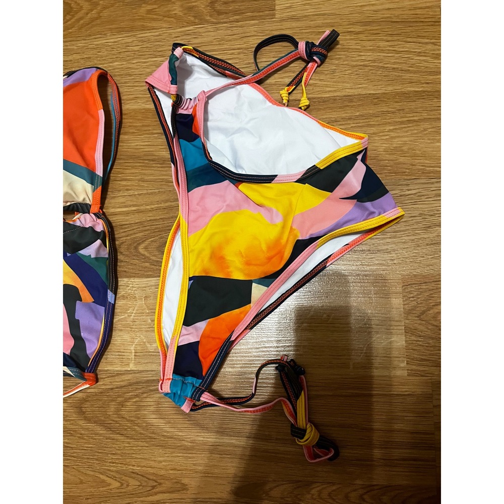 NEW Abstract Tropical Sunset Piece Bikini Set Skirt Medium Orange Green Yellow - Picture 5 of 14